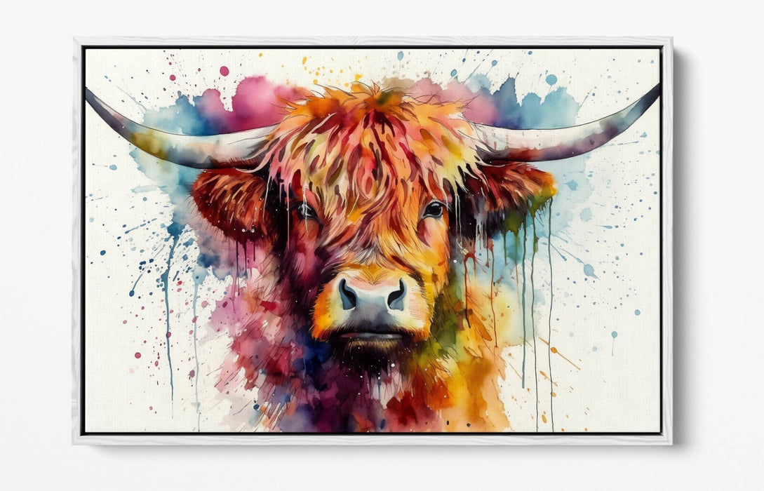 Highland Cow Canvas - Watercolour Animal Print With Float Effect Frame