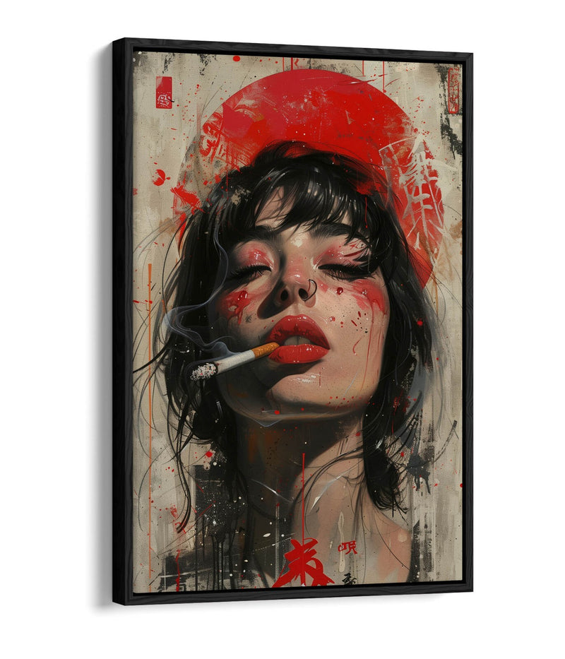 Canvas Art Print – Portrait Smoking Woman with Float Effect Frame, Vibrant Colors