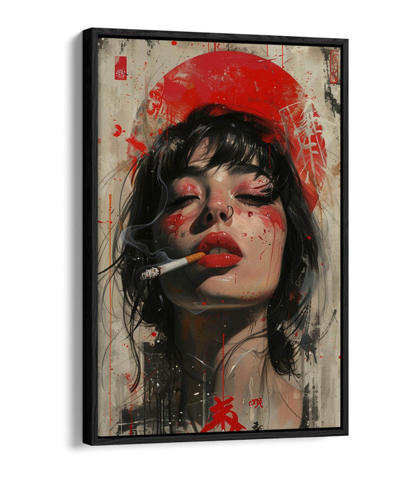 Canvas Art Print – Portrait Smoking Woman with Float Effect Frame, Vibrant Colors