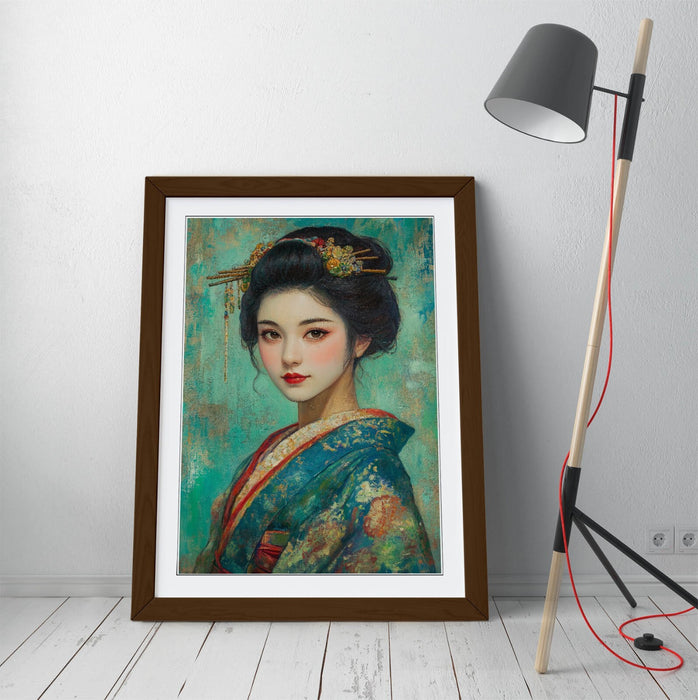 Framed Wall Art - Beautiful Geisha Art Print With Wood Grain Frame, Ready To Hang