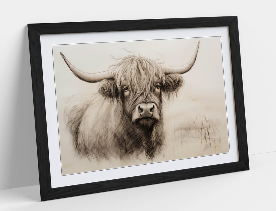 Highland Cow Wall Art – Framed Charcoal Sketch Print on Matte Paper, Handmade UK
