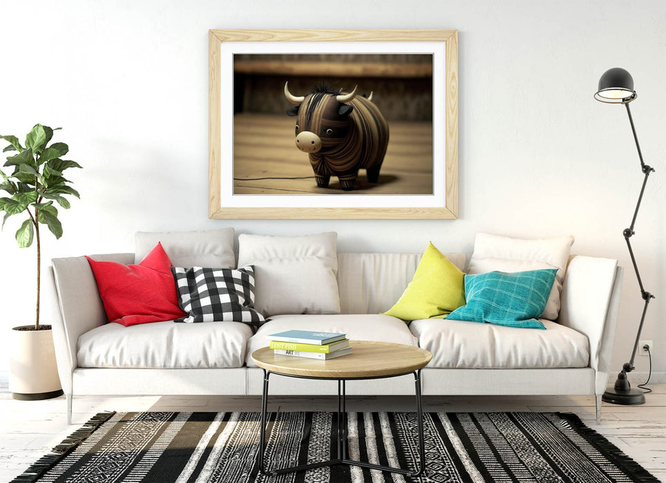 Wooden Highland Cow Art – Framed Wall Art With Wood Grain Frame | Rustic Animal Decor