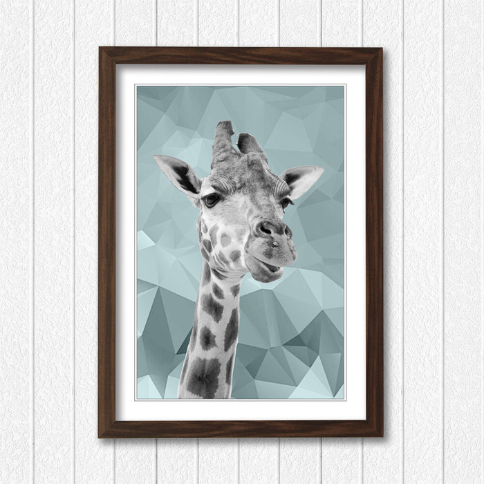 GIRAFFE BLACK AND WHITE DUCK EGG BLUE GEO FRAMED POSTER WALL ART PRINT ARTWORK