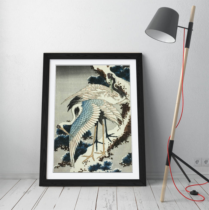 Framed Art Poster – Katsushika Hokusai Cranes On Snow Covered Pine Print – Woodgrain Frame