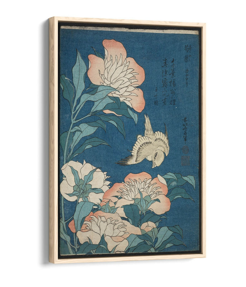Canvas Wall Art - Hokusai Japanese Print With Peonies & Canary Float Frame