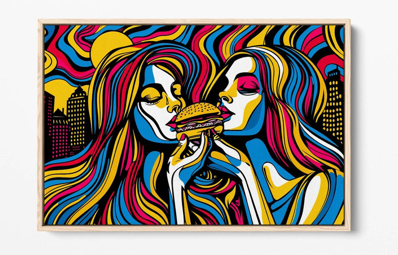 Canvas Wall Art - Contemporary Float Effect Print With Women Burger Artwork On 30mm Deep Frame