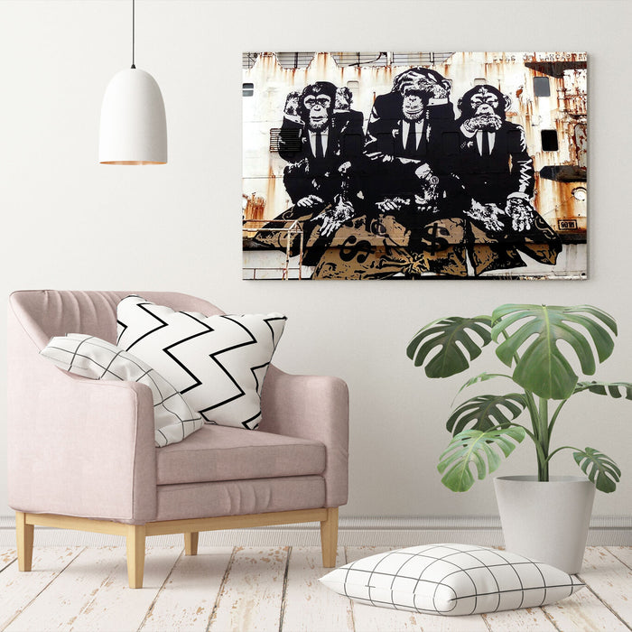 3 WISE MONKEYS BANKSY  CANVAS WALL GRAFFITI ART PRINT ARTWORK FRAMED POSTER