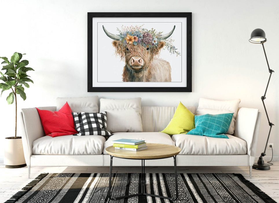 Highland Cow Wall Art – Framed Flower Crown Poster | Rustic Home Decor UK Handmade