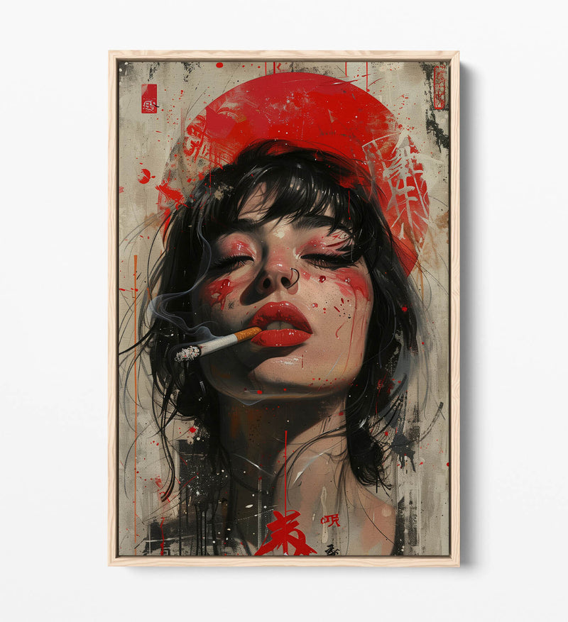 Canvas Art Print – Portrait Smoking Woman with Float Effect Frame, Vibrant Colors