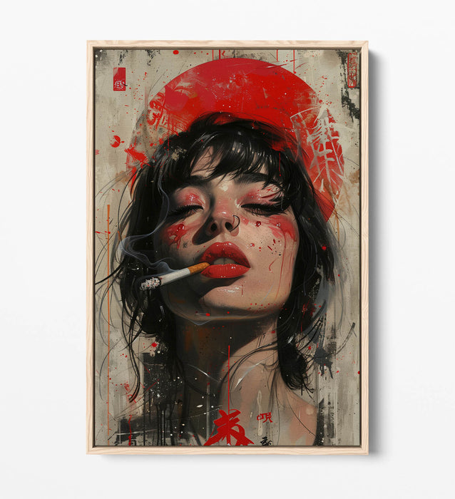 Canvas Art Print – Portrait Smoking Woman with Float Effect Frame, Vibrant Colors