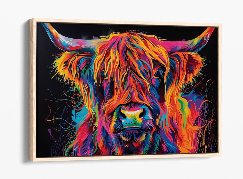 COOL MULTI COLOUR HIGHLAND COW CONTEMPORARY DECOR FLOAT EFFECT CANVAS ART PRINT