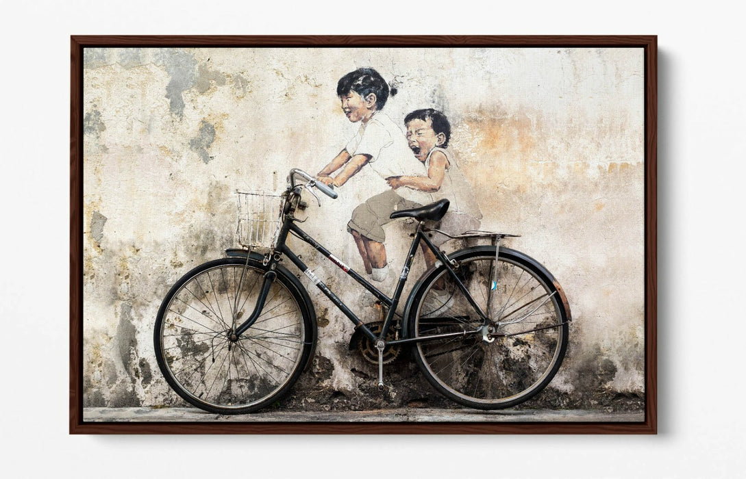 KIDS ON BIKE -FLOAT EFFECT CANVAS WALL ART PIC PRINT- BEIGE GREY BLACK