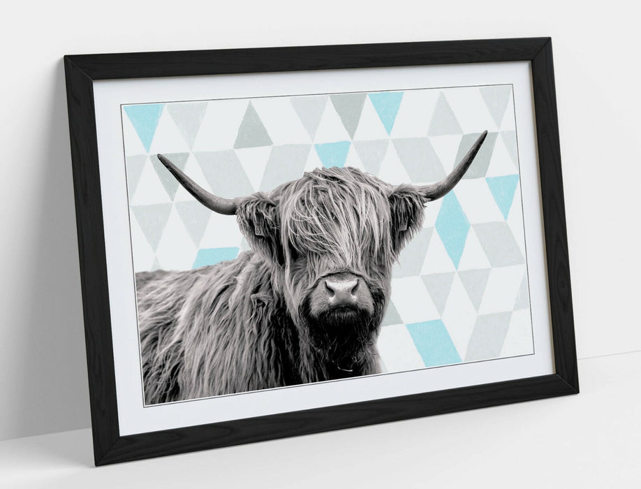 HIGHLAND COW TURQUOISE GEOMETRIC LIGHT -ART FRAMED POSTER PICTURE PRINT ARTWORK-