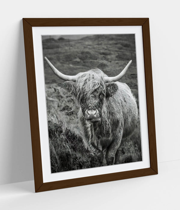 Highland Cow Wall Art – Black and White Poster with Natural Wood Frame | UK Handmade