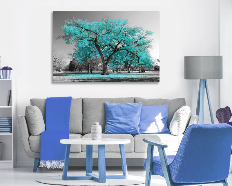 Canvas Wall Art – Large Teal Tree Painting with Turquoise Leaves on Black White Canvas