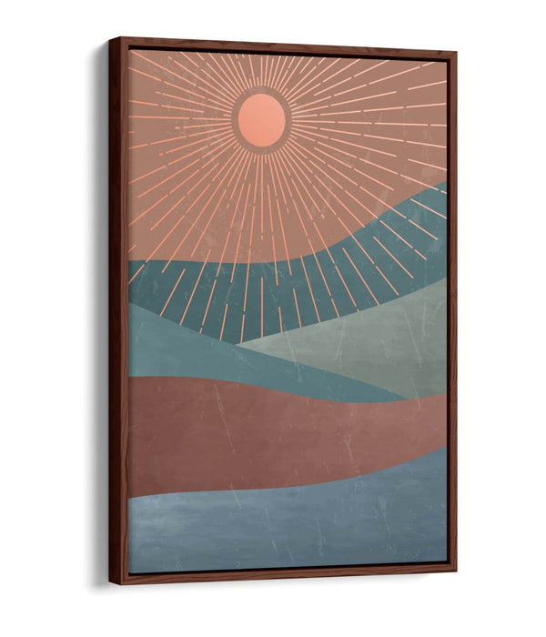 Canvas Wall Art – Abstract Sun Rays & Mountains Float Effect Print with Premium Varnish