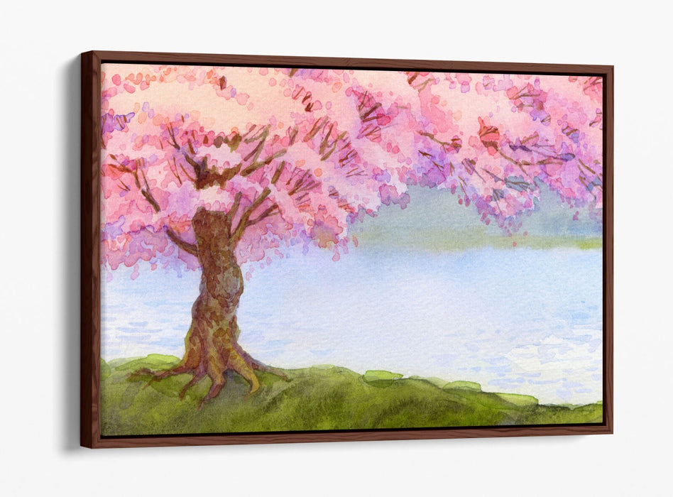 Canvas Wall Art - Pretty Cherry Blossom Tree River Scene Float Effect Print