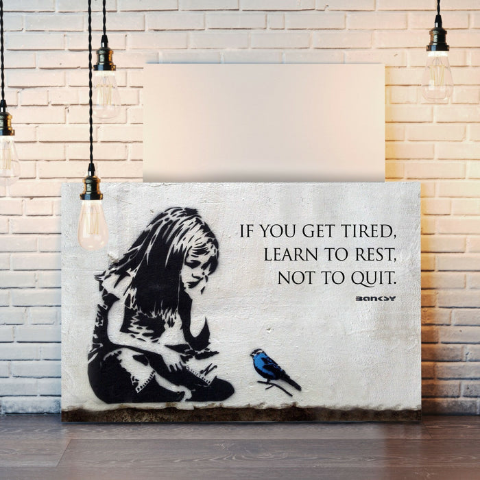 BANKSY GIRL BLUE BIRD QUOTE LEARN TO REST CANVAS WALL STREET ART PRINT GRAFFITI