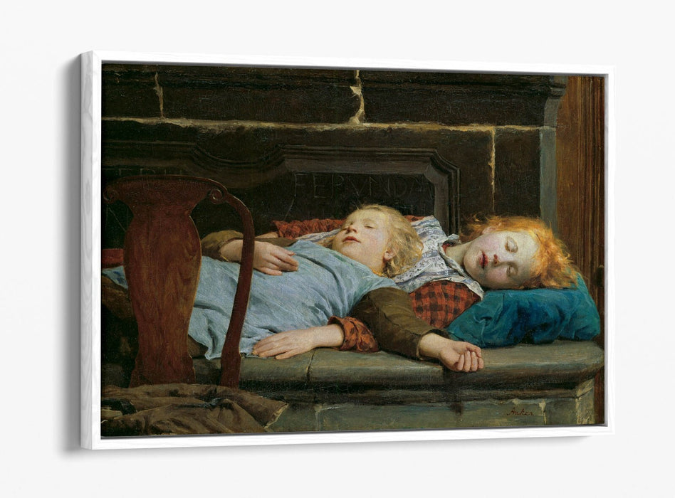 Float Effect Canvas Art - Albert Anker Two Girls On Stove Bench Premium Print