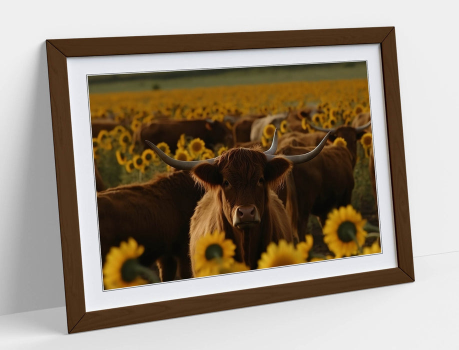 Highland Cows Wall Art – Framed Sunflower Field Print | Rustic Farmhouse Decor