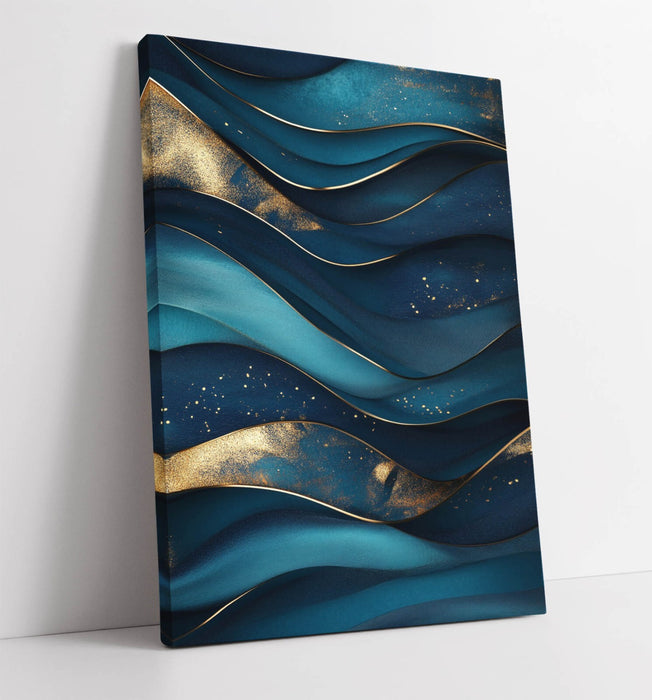 Canvas Wall Art – Blue Gold Wavy Pattern Abstract Canvas Print, Handmade UK
