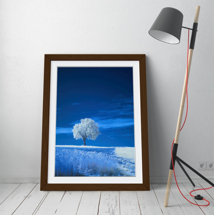 Framed Wall Art - Abstract White Tree Poster in Blue Landscape | Handmade Decor