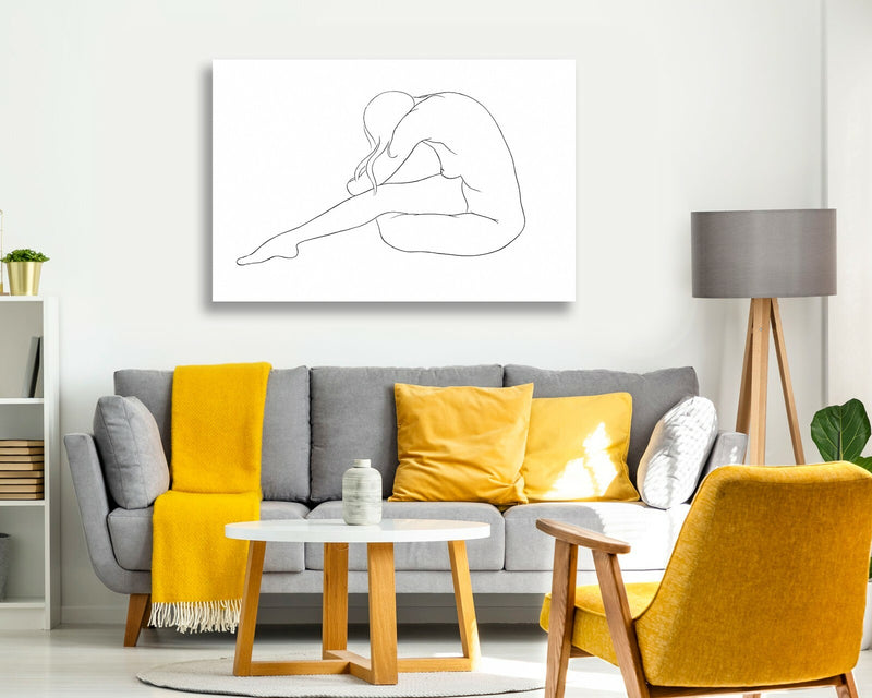 Canvas Wall Art - Black and White Nude Woman Line Drawing Artwork on Premium Canvas