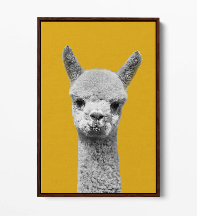 HAPPY ALPACA BLACK WHITE YELLOW MUSTARD FLOAT EFFECT CANVAS WALL ART PIC PRINT