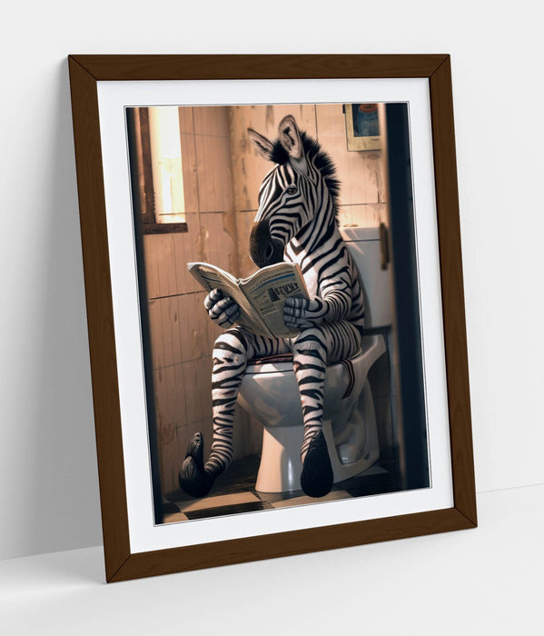 Funny Zebra Wall Art – Framed Poster Print With Woodgrain Frame Finish