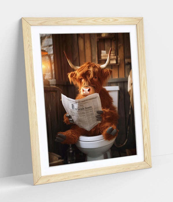 Highland Cow Wall Art – Framed Bathroom Decor Poster With Rustic Wood Frame