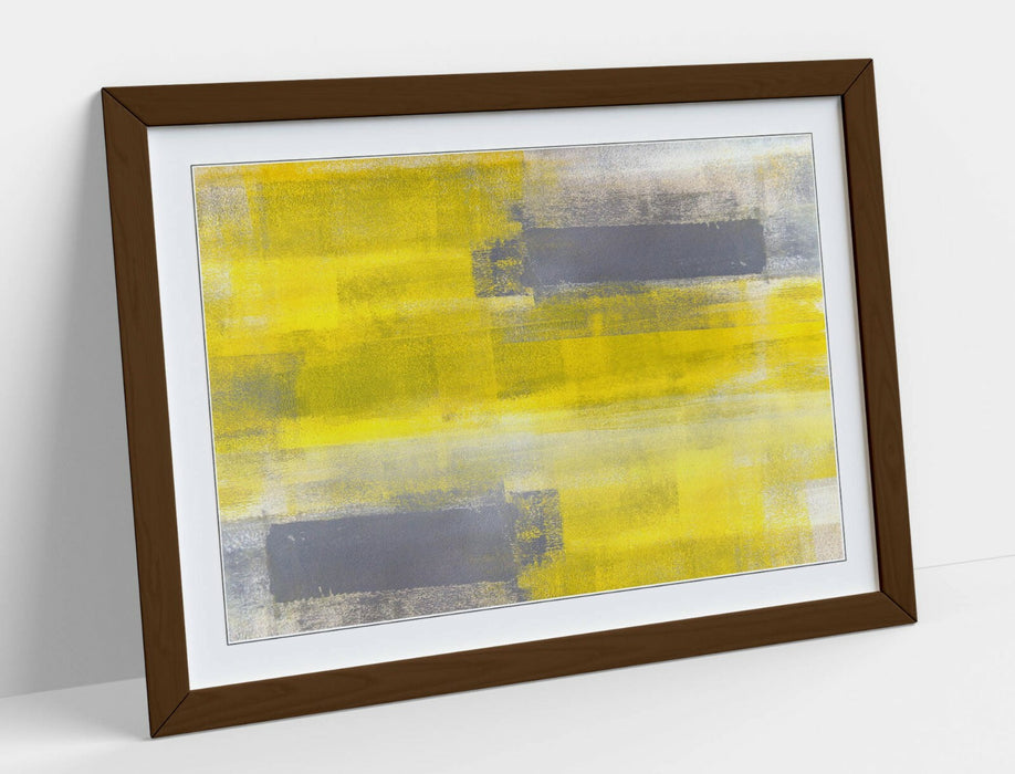 Framed Abstract Painting – Modern Wall Print With Yellow Grey Artwork & Natural Wood Frame