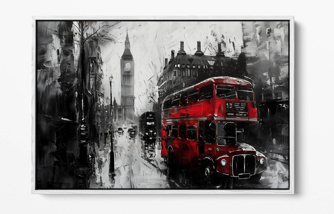 Black And White Cityscape - Red Bus Art Print | Float Effect Canvas Wall Art