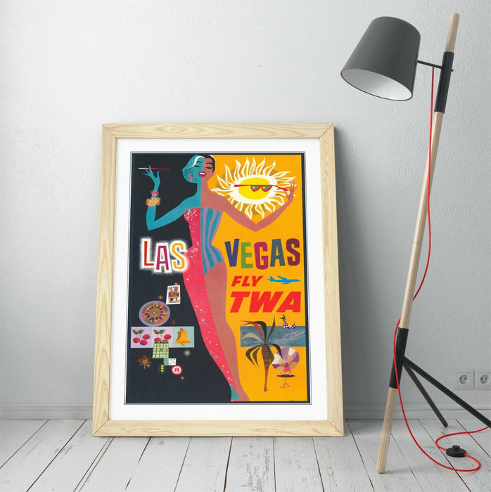 RETRO LAS VEGAS TRAVEL POSTER -FRAMED WALL ART PICTURE PRINT- YELLOW BLACK PINK
