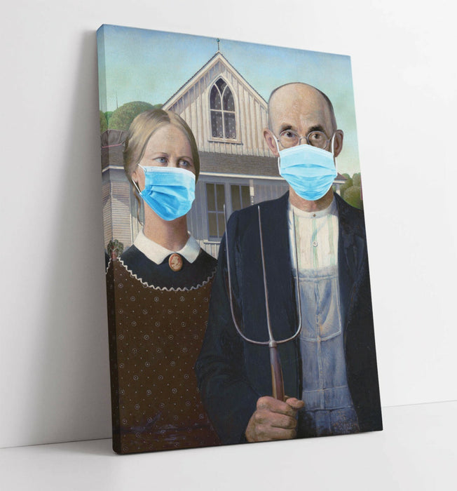 Canvas Wall Art Print – American Gothic Banksy Face Masks on 30mm Deep Frame