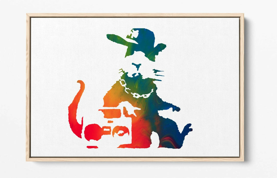 BANKSY, GANGSTA RAT RAINBOW ART EFFECT -FLOAT EFFECT CANVAS WALL ART PRINT