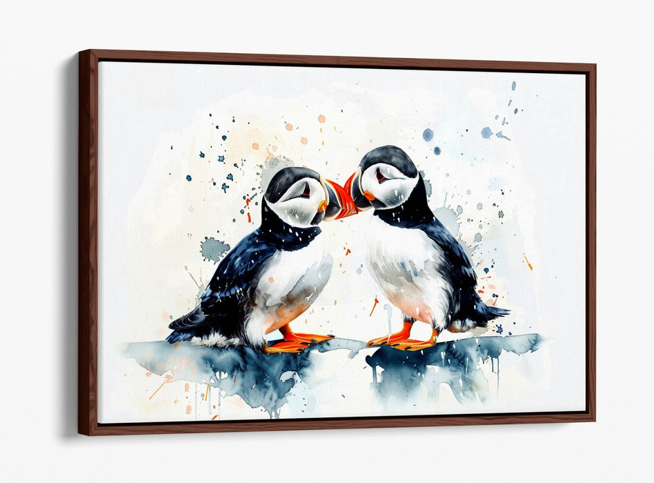Puffins Canvas Art - Cute Couple Kissing | Premium Float Effect Frame Wall Decor