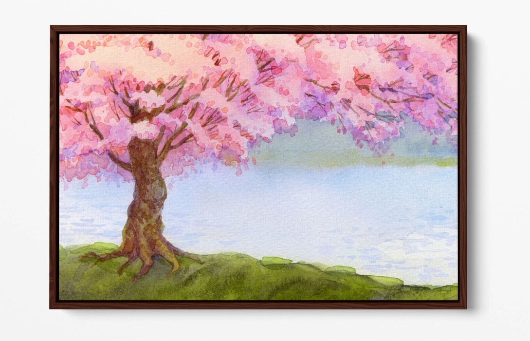 Canvas Wall Art - Pretty Cherry Blossom Tree River Scene Float Effect Print