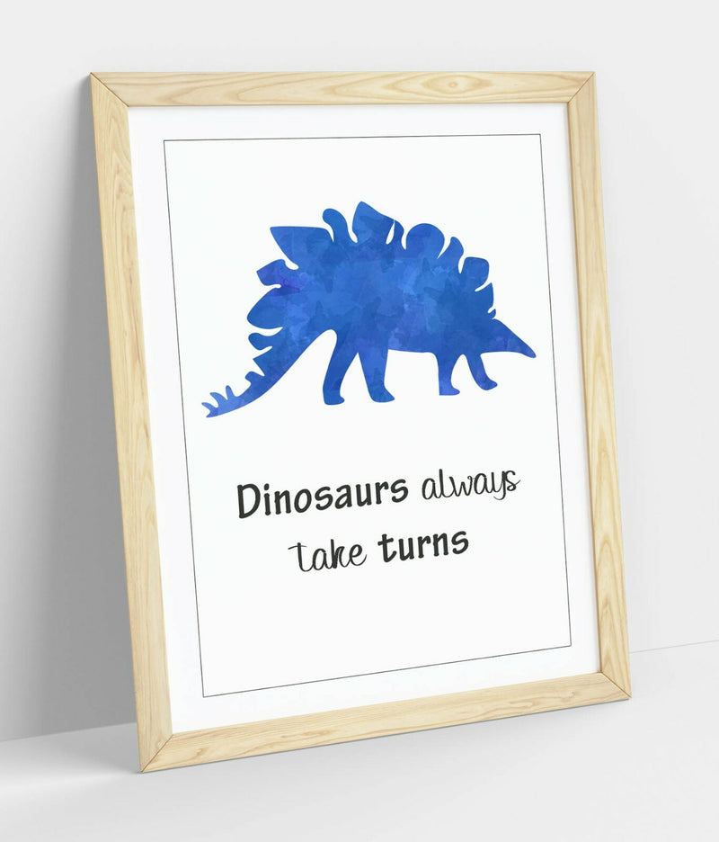 Framed Nursery Wall Art – Watercolour Dinosaur Print With Woodgrain Effect Frame