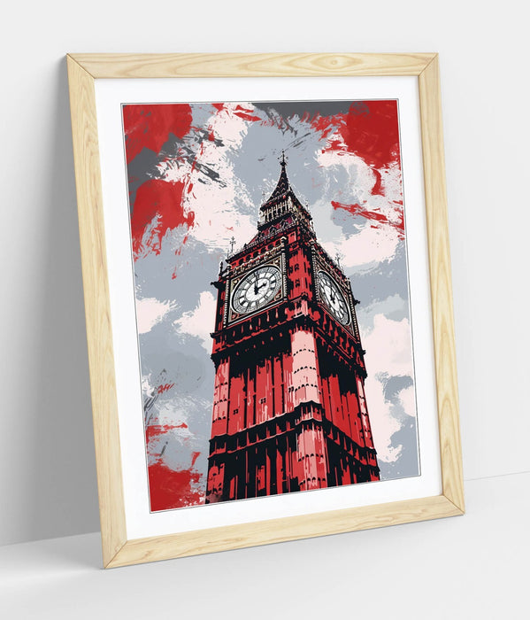 Framed Wall Art - Big Ben Poster Print With Red Grey Wall Decor, Matte Paper