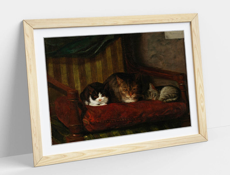 Cute Cat Wall Art – 'Adolf von Becker, Cat with Kittens' Framed Wall Art Poster Paper Print Cats & Kittens – Handmade Decor