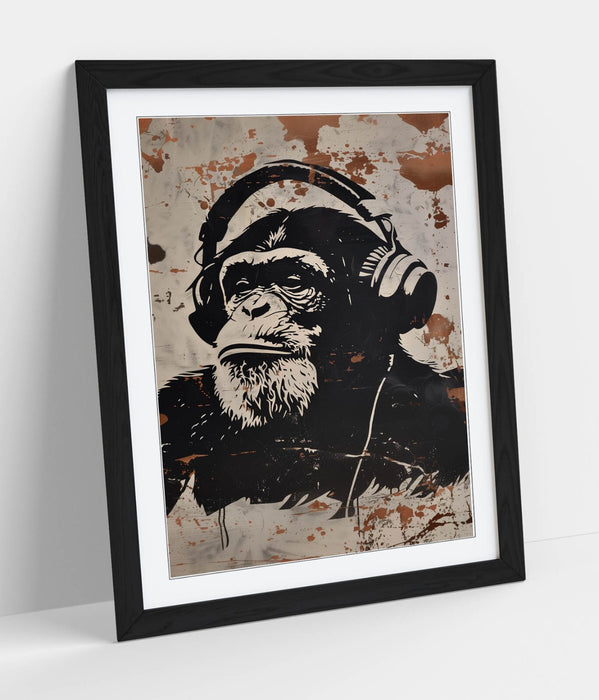 Framed Wall Art Poster – Ape Wearing Headphones Stencil Graffiti Print 4 Sizes