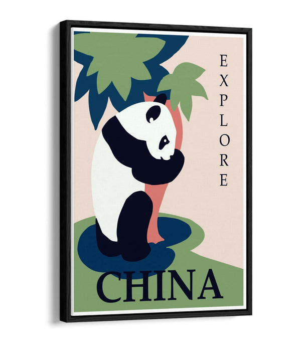 Vintage Travel Poster – Retro Wall Art Panda Canvas Print With Float Effect Frame