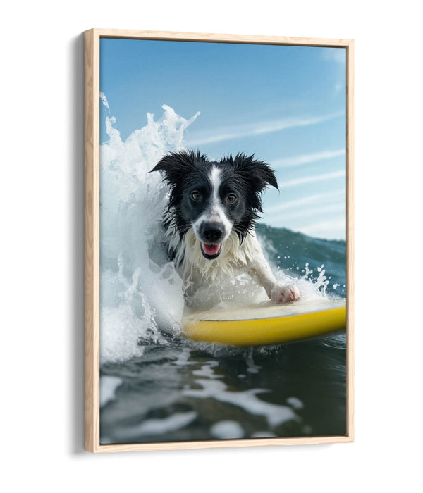 Border Collie Canvas - Funny Surfing Dog Art | Float Effect Handmade Wall Art