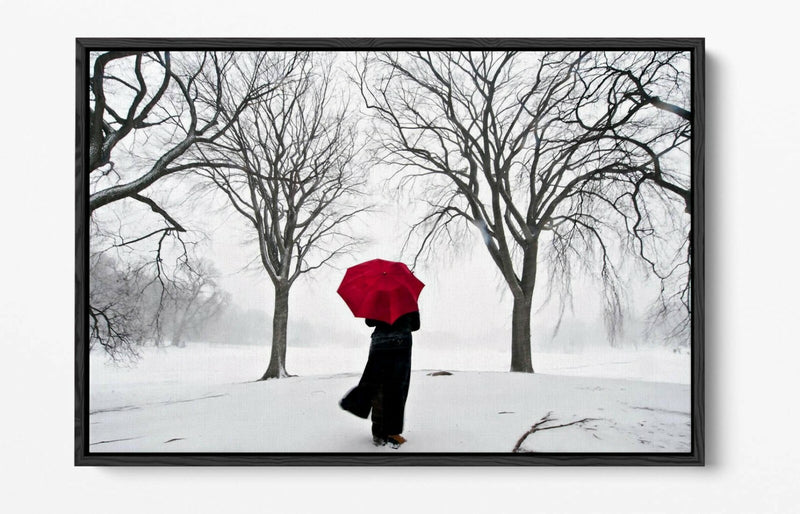 Canvas Wall Art - Red Umbrella Snow Scene | Float Effect Canvas Print
