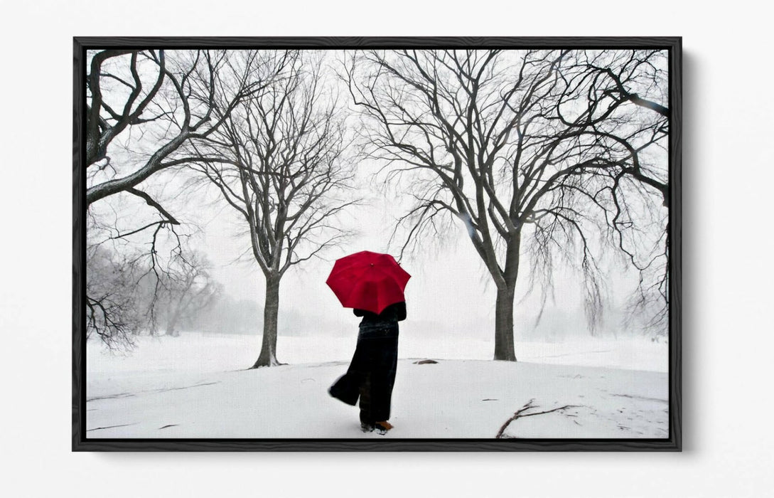 Canvas Wall Art - Red Umbrella Snow Scene | Float Effect Canvas Print
