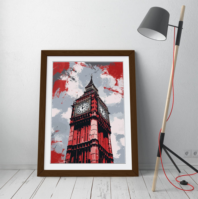 Framed Wall Art - Big Ben Poster Print With Red Grey Wall Decor, Matte Paper