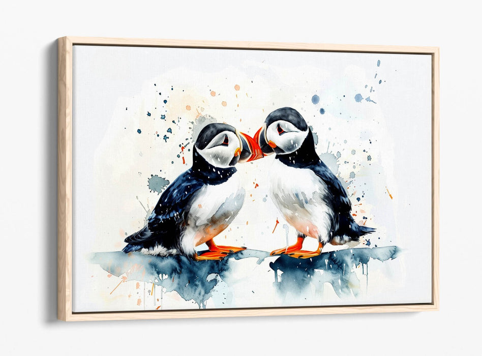 Puffins Canvas Art - Cute Couple Kissing | Premium Float Effect Frame Wall Decor