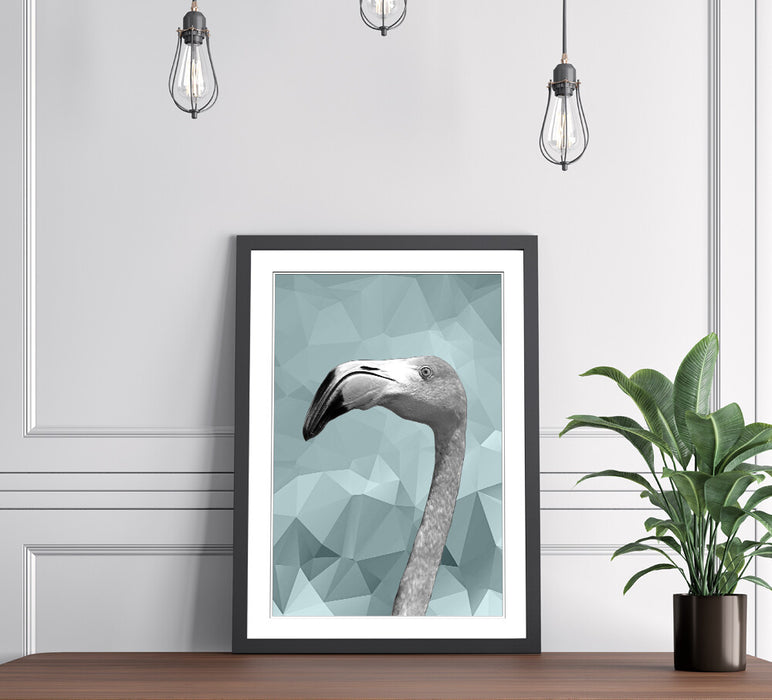 FLAMINGO BLACK AND WHITE DUCK EGG BLUE GEO FRAMED POSTER WALL ART PRINT ARTWORK