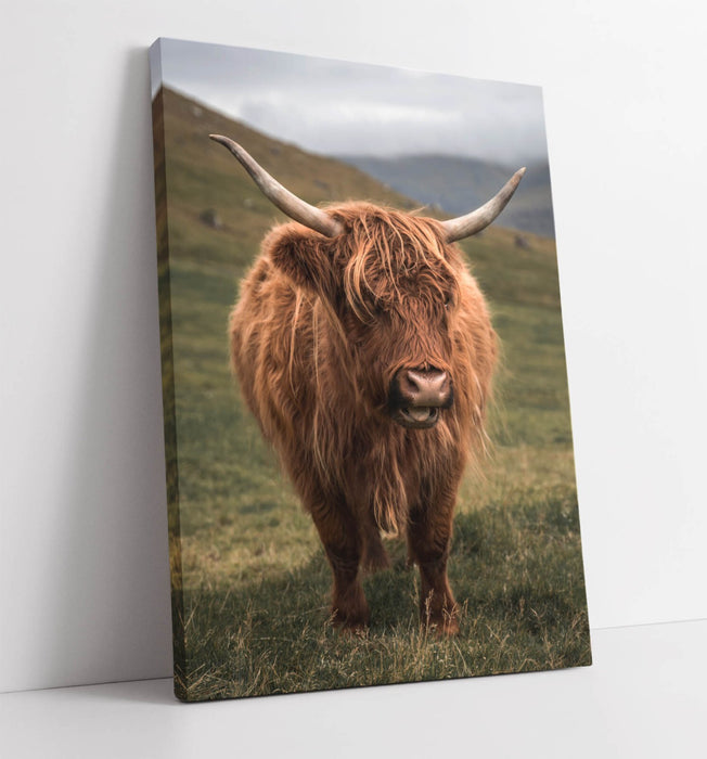 Highland Cow Canvas - Green Landscape Wall Art | Handmade Premium Canvas Print