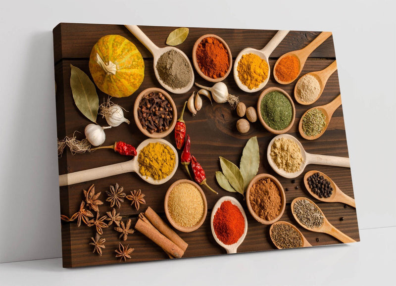 Kitchen Canvas Art – Herbs Spices Print | Wooden Spoon Decor Wall Artwork